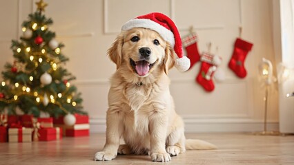Golden Retriever puppy wearing red Santa hat sitting by decorated Christmas tree with gifts