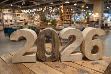 Wooden numbers 2026 standing on rustic table in furniture showroom