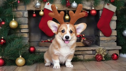 Corgi puppy with light brown and white coat wearing reindeer antler headband sitting by decorated fireplace