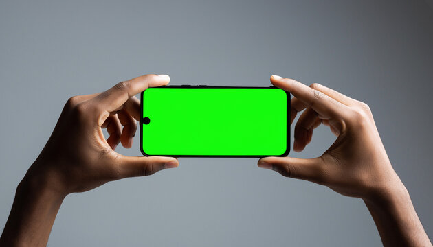 A close-up shot of two hands holding a smartphone horizontally, featuring a bright green screen for easy content substitution, set against a neutral grey background. This composition is ideal for mobi
