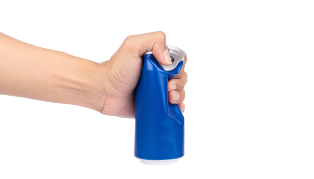 Strong Hand Squeeze and Crush Blue Canned Drink, Isolated on Transparent Background