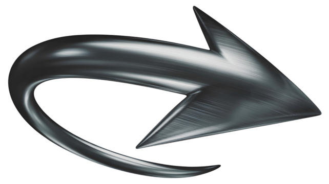 Shiny metallic curved arrow isolated on transparent background