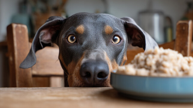 A doberman pinscher looking at a bowl of food on a table with a hopeful expression on its face