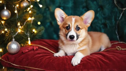 Corgi puppy with fluffy coat lounging on red cushion by decorated Christmas tree