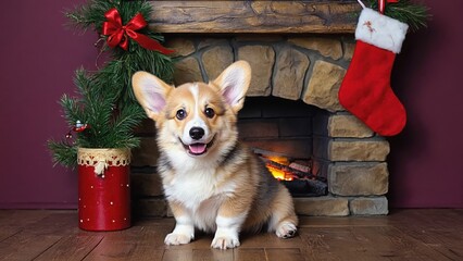 Corgi sitting in front of stone fireplace with Christmas decorations
