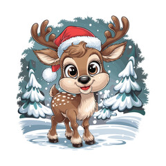 Cute Christmas Reindeer in Snowy Forest with Santa Hat Cartoon Illustration