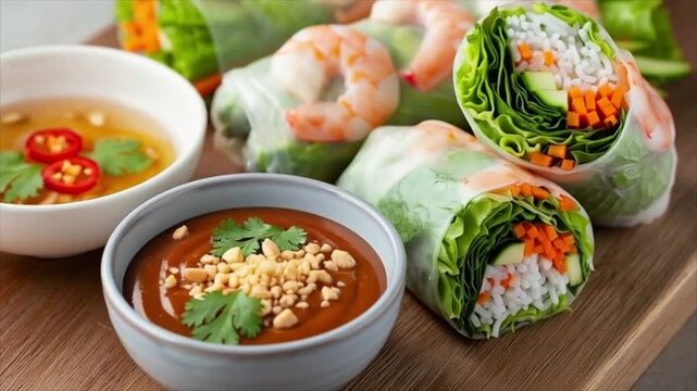Fresh spring rolls with dipping sauce, cut in half to show ingredients