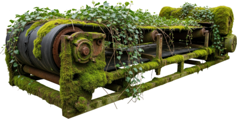 Ancient industrial conveyor belt heavily overgrown with vibrant green moss and cascading ivy showing signs of rust and decay abandoned nature reclaiming