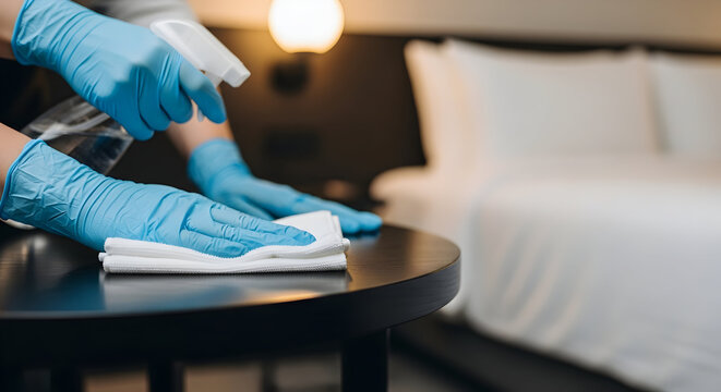 Thorough cleaning and sanitization of a hotel room table, ensuring guest safety and hygiene protocols.