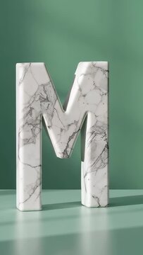 Vertical video: Stage lighting initiating slow spinning of marble letter M on green platform