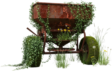 Weathered rusty farm equipment overgrown with lush green ivy surrounded by wild grasses and yellow dandelions symbolizing nature's reclamation of industrial remnants