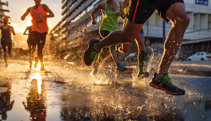 Runners running in city street, marathon training under rain at sunset, water splashing on road, focus on legs