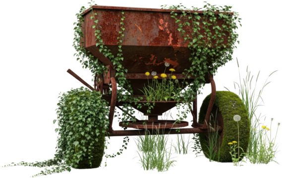 Weathered rusty farm equipment overgrown with lush green ivy surrounded by wild grasses and yellow dandelions symbolizing nature's reclamation of industrial remnants