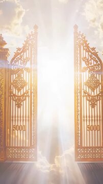 Vertical video: Swinging open gilded gates on threshold amid clouds as morning light flooding scene