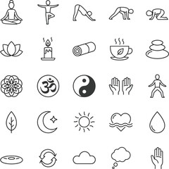 Yoga and wellness icons: meditation, lotus, candle, stones, sun, moon.