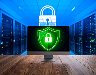 Network Security Monitor with Shield Lock on Computer Screen in Server Room