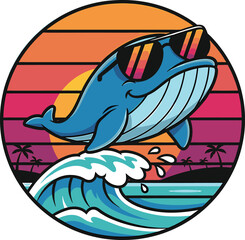 Cool cartoon whale jumping a wave at sunset with palm trees. A vibrant, retro-style graphic perfect for beach lovers, summer, and marine life themes.