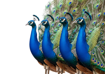 Four vibrant blue peacocks with magnificent fanned tail feathers display elegance