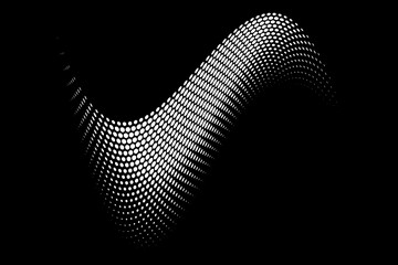 Abstract dotted wave. Halftone curved shape in white color isolated on black background. Curved and twisted gradients form. Trendy graphic vector illustration.
