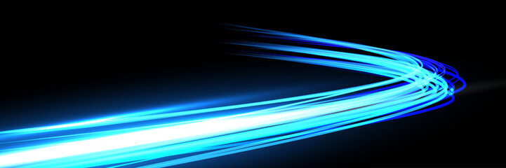 Light speed trail. Curved glowing blue wave on black background. Bright dynamic energy lines with motion blur and radiant white core. Futuristic abstract vector illustration.