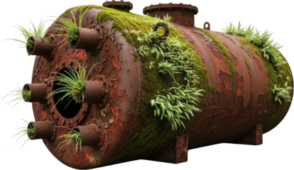 An abandoned rusted industrial tank covered with moss and ferns showing signs of natural reclamation nature decay overgrowth vegetation forgotten old retro