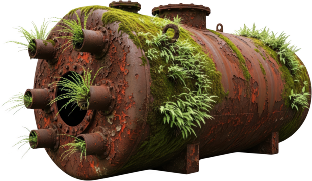 An abandoned rusted industrial tank covered with moss and ferns showing signs of natural reclamation nature decay overgrowth vegetation forgotten old retro