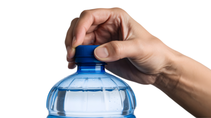 Hand opening a clear plastic bottle of water isolated on transparent background