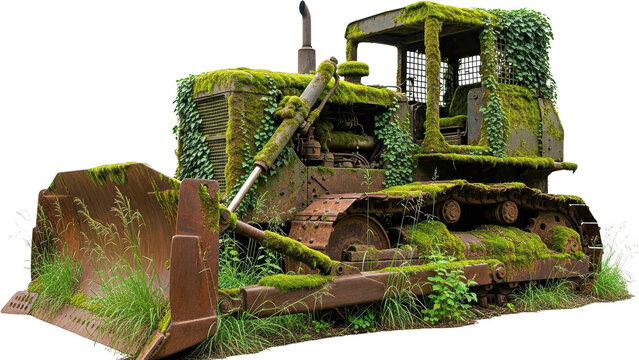 An abandoned rusty bulldozer overgrown with moss and ivy sits in tall grass on a transparent background heavy machinery construction equipment vintage - Powered by Adobe