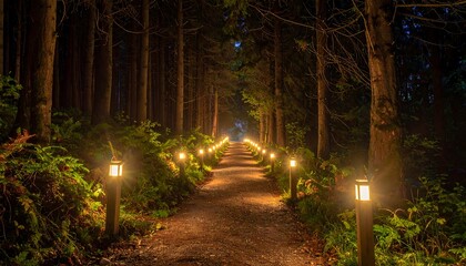 A winding path lined with lights through a dark forest, guiding the viewer forward