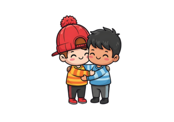 Cute animated boys hugging tightly, symbolizing childhood friendship and happy relationship.