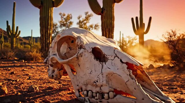 Desert landscape with animal skull cactus plants at sunset