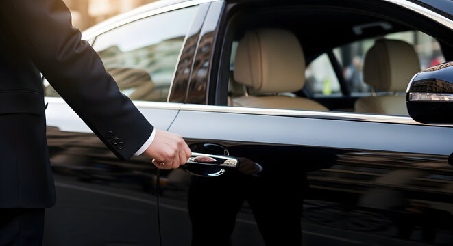Professional Chauffeur Opening Luxury Car Door for a Hotel Guest, Offering Premium Transportation Service
