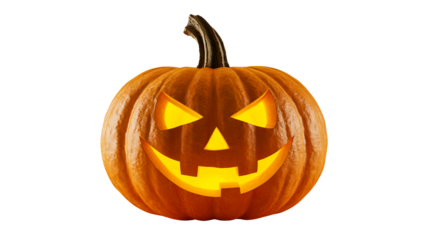 Carved halloween jack o lantern with glowing face isolated on transparent background