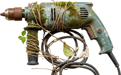 An old weathered electric drill covered in moss vines and a single fallen leaf with its cord coiled on a transparent background nature overgrown rusty