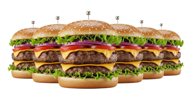 Delicious stacked hamburgers with fresh ingredients.