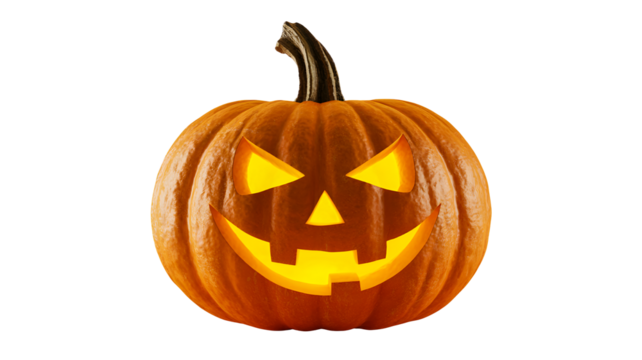 Carved halloween jack o lantern with glowing face isolated on transparent background - Powered by Adobe