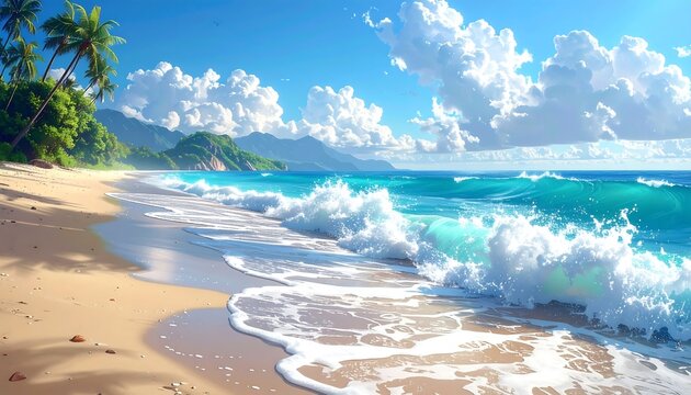 A sunny beach scene with turquoise waves crashing on the sandy shore against a backdrop of green hills & blue sky