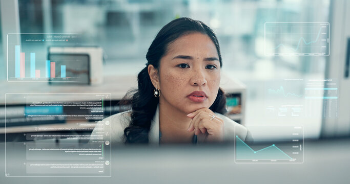 Overlay, thinking and trading with business woman in office for review of digital charts or graphs. Hologram, planning and stock market with Asian employee at desk in workplace for financial analysis