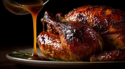 Pouring gravy over a roasted chicken on a plate with rosemary against a dark background close up view