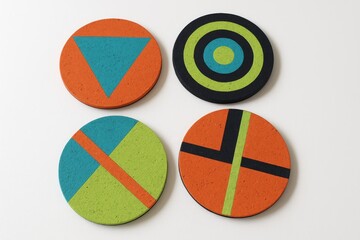Fototapeta premium Set of four round colorful coasters with abstract geometric patterns on white background, modern home decor elements.