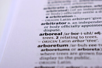 English Definition Dictionary Page Close Up Of Printed Word Of -arboreal