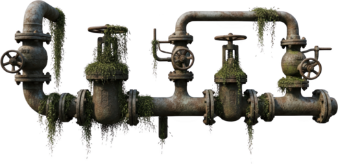 Old Rusty Industrial Pipes Covered In Overgrown Moss And Vines On A Transparent Background With Visible Valves And Flanges Weathered Texture Grunge Abandoned