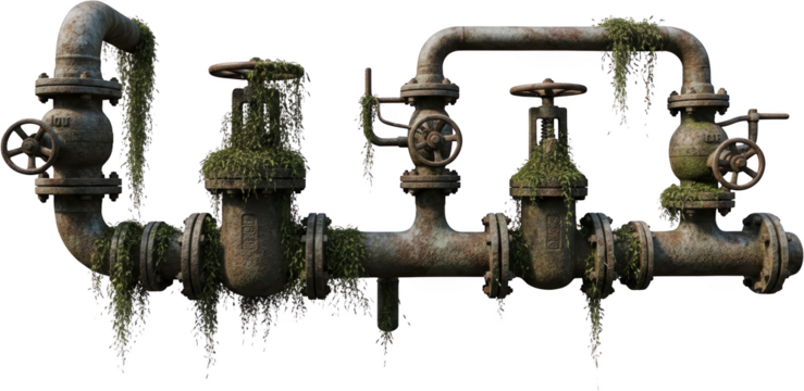 Old Rusty Industrial Pipes Covered In Overgrown Moss And Vines On A Transparent Background With Visible Valves And Flanges Weathered Texture Grunge Abandoned