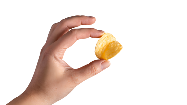 Hand holding a potato chip isolated on transparent background