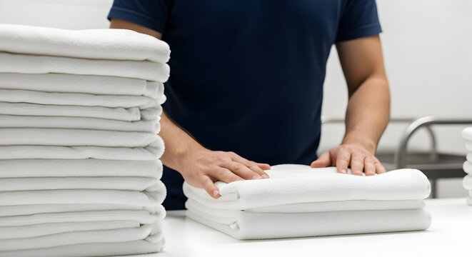 Hotel Laundry Service: Professional Staff Member Folding Fresh White Towels for Housekeeping and Guest Comfort