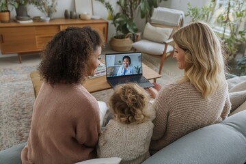 Two Mothers and Their Child in a Happy Telehealth Video Session