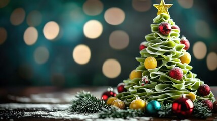 Artisanal 3D Christmas Tree Dessert with Colorful Baubles & Snowy Bokeh – Professional Holiday Food Photography for Bakery Marketing, E-commerce Festive Sales & Seasonal Branding