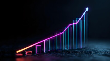 Neon growth chart with rising arrow a modern 3D rendering for business success and financial growth presentations on a dark background