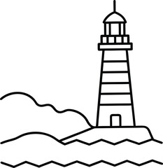 Lighthouse on Coastal Cliff Minimal Line Art Vector Illustration Isolated on White Background