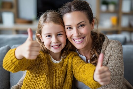 Happy Mother and Daughter Giving Thumbs Up After a Telehealth Call
